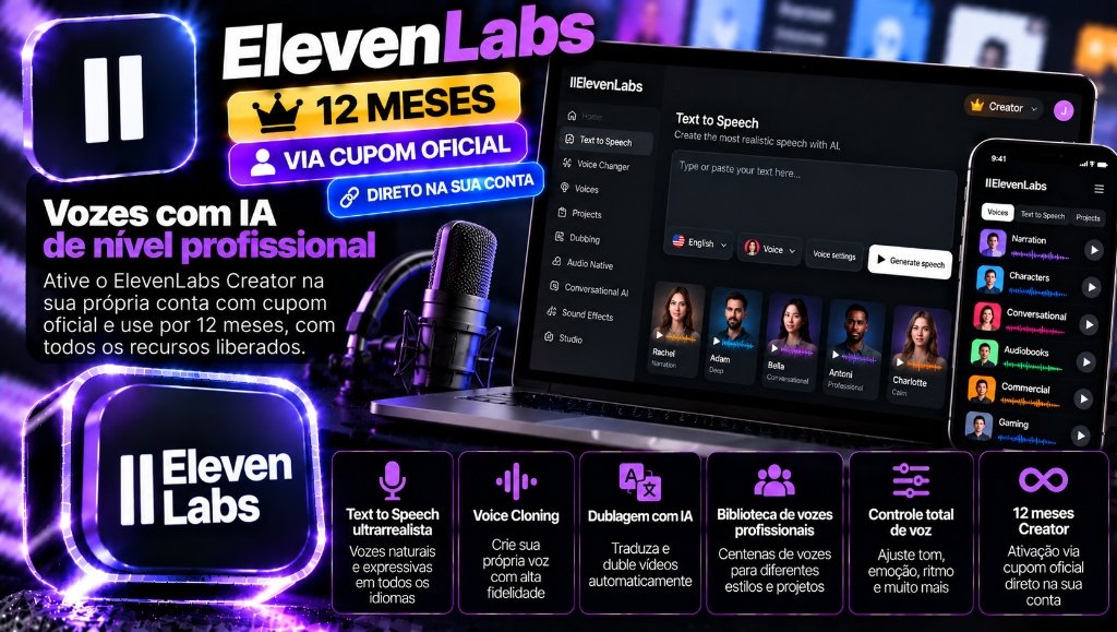 ElevenLabs Creator 12 Meses - Cupom Oficial