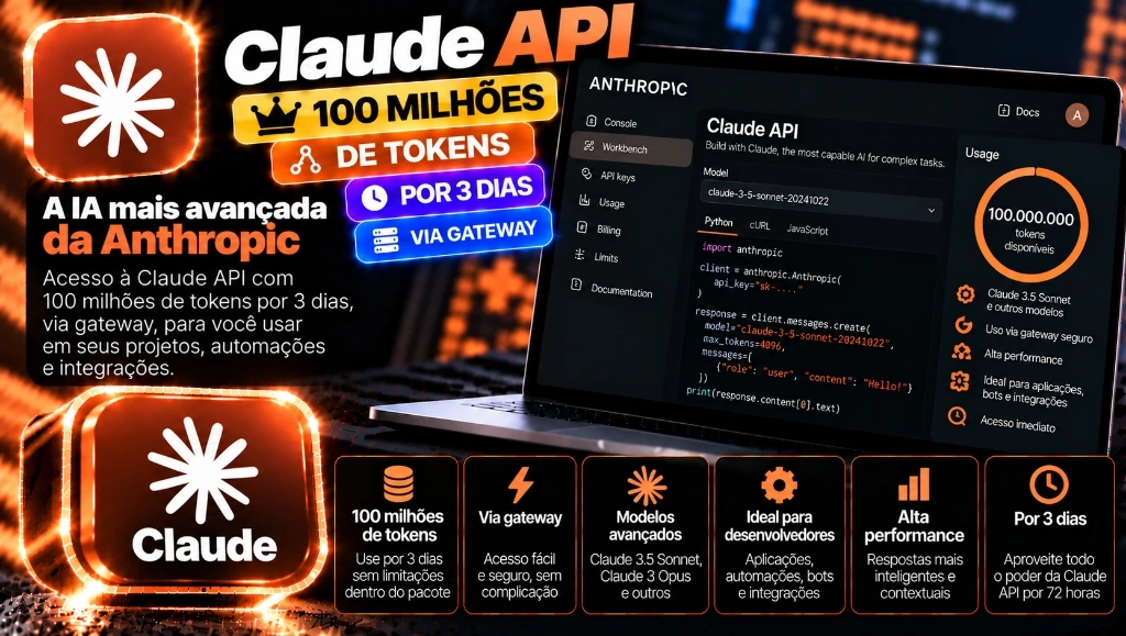 Claude API 100 Milhões de Tokens (Últimos Modelos de IA) 3 Dias - Via Gateway