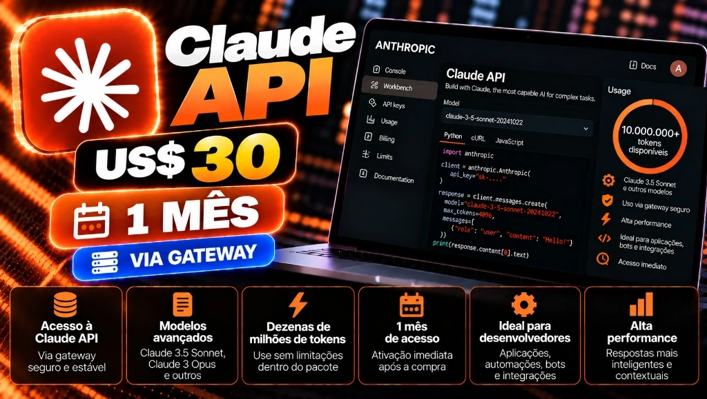 Claude & Codex API US$ 30 em Créditos (Últimos Modelos de IA) 1 Mês - Via Gateway